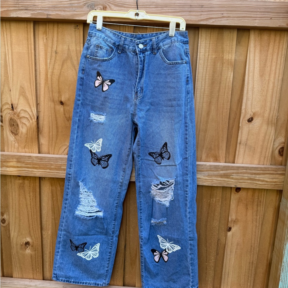 SHEIN Blue Butterfly Patch Flare Jeans